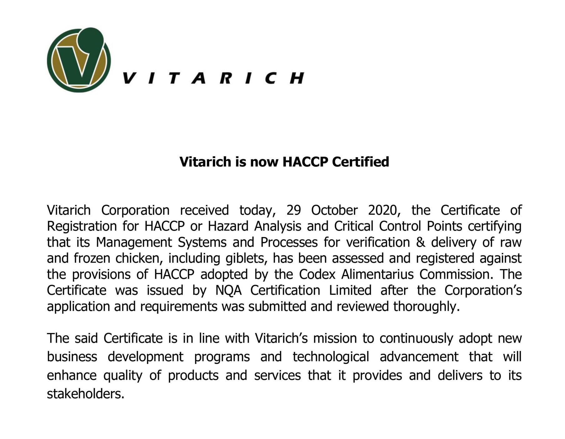 Vitarich Corporation received HACCP Certification on October 29, 2020